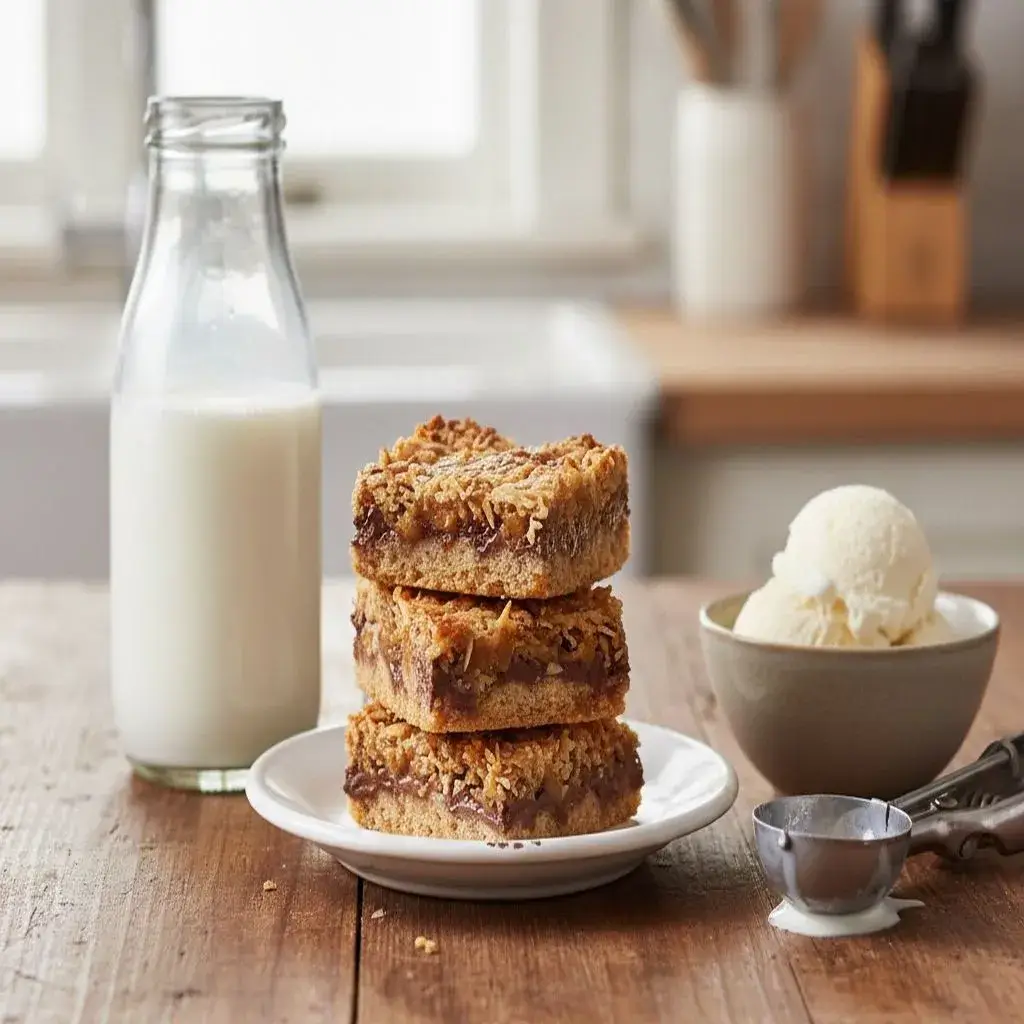 7 Layer Bars next to a vintage glass bottle of milk and a scoop of vanilla ice cream in a bowl. (1)