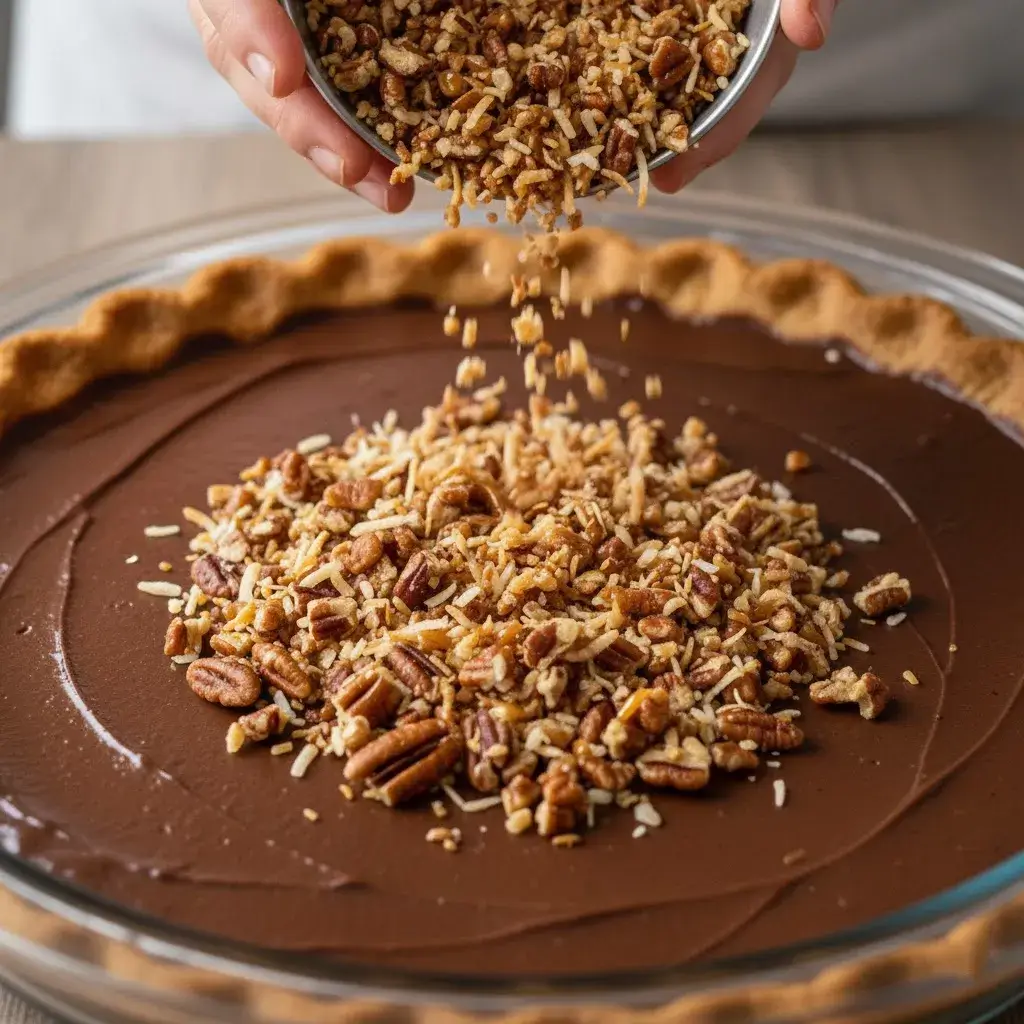 adding coconut pecan topping to german chocolate pie
