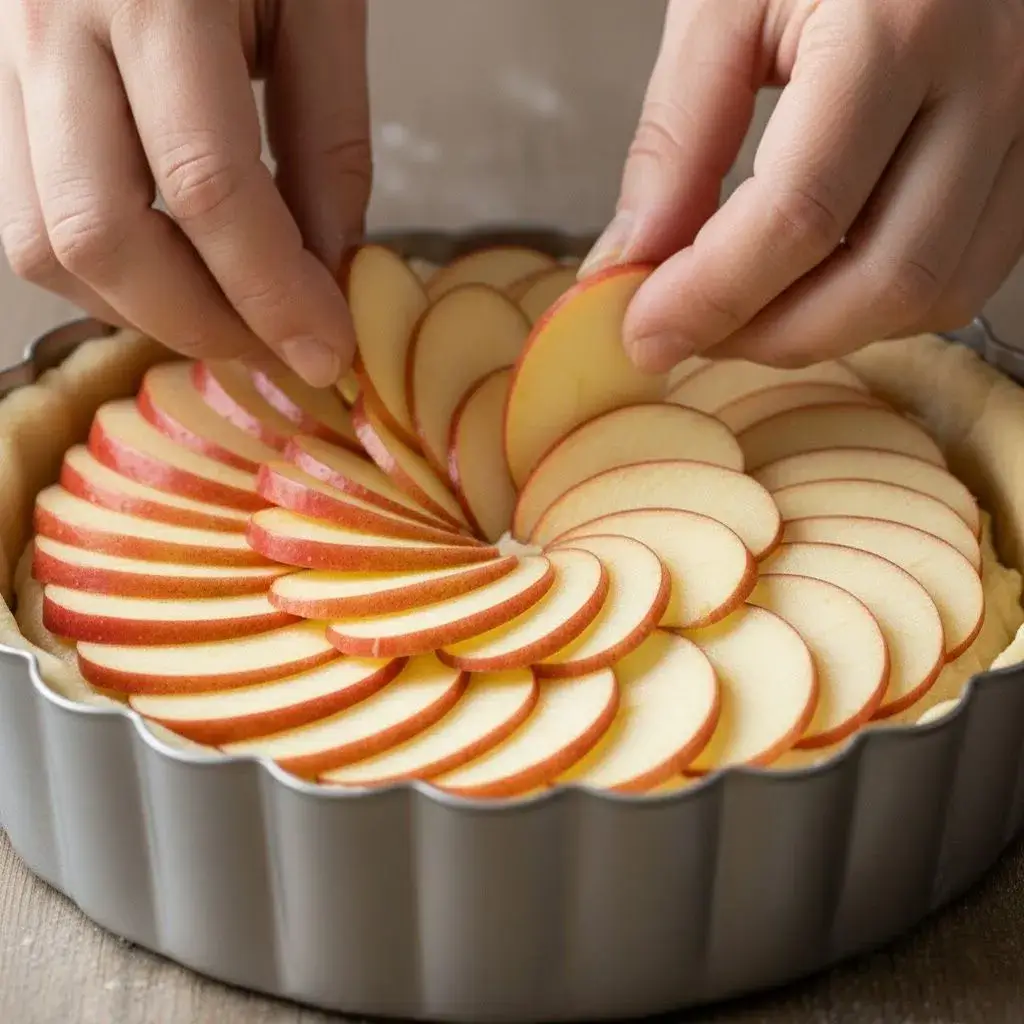 arranging apple slices on frangipane tart