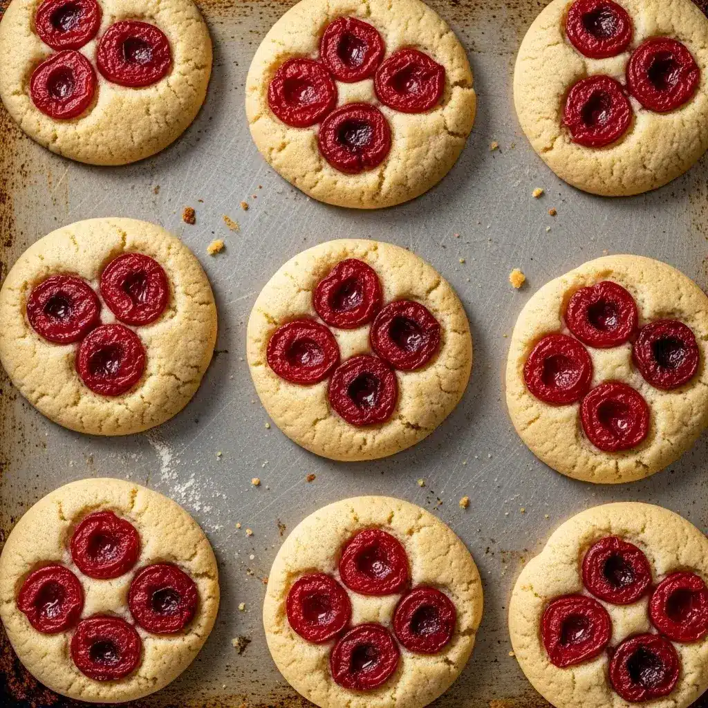 freshly baked cherry blossom cookies on a baking sheet