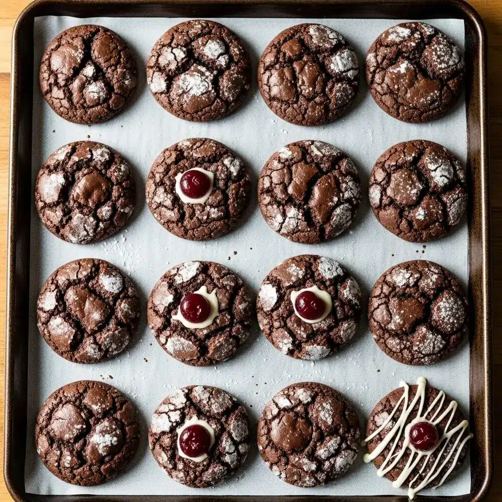 freshly baked black forest cookies on a baking sheet