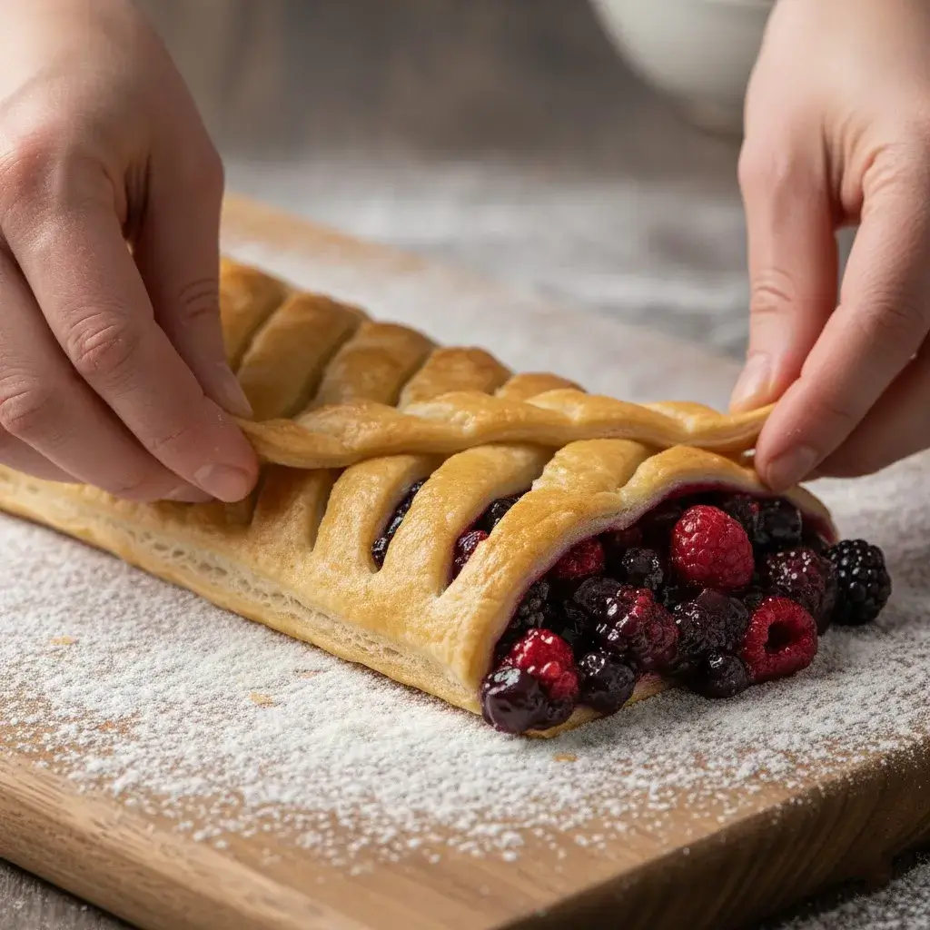 braiding pastry over mixed berry filling