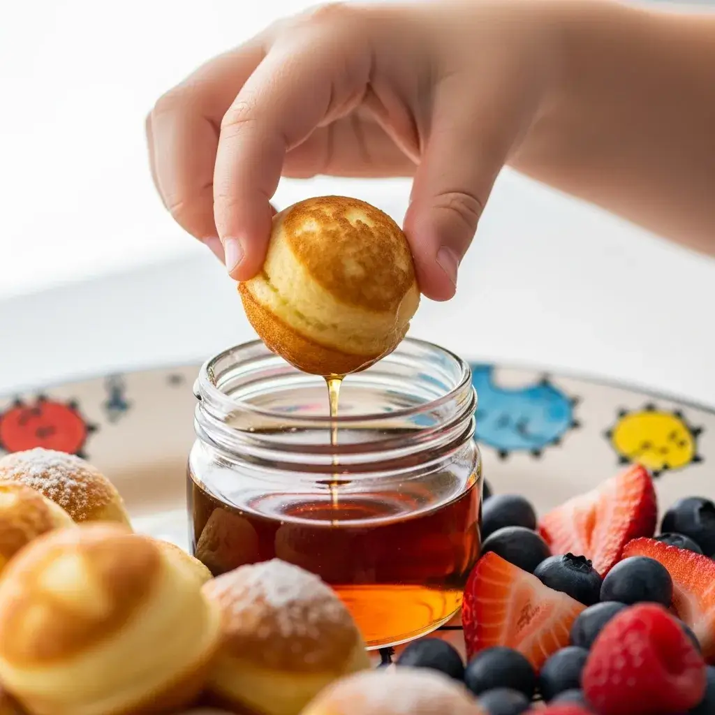 child dipping easy breakfast pancake popper in syrup