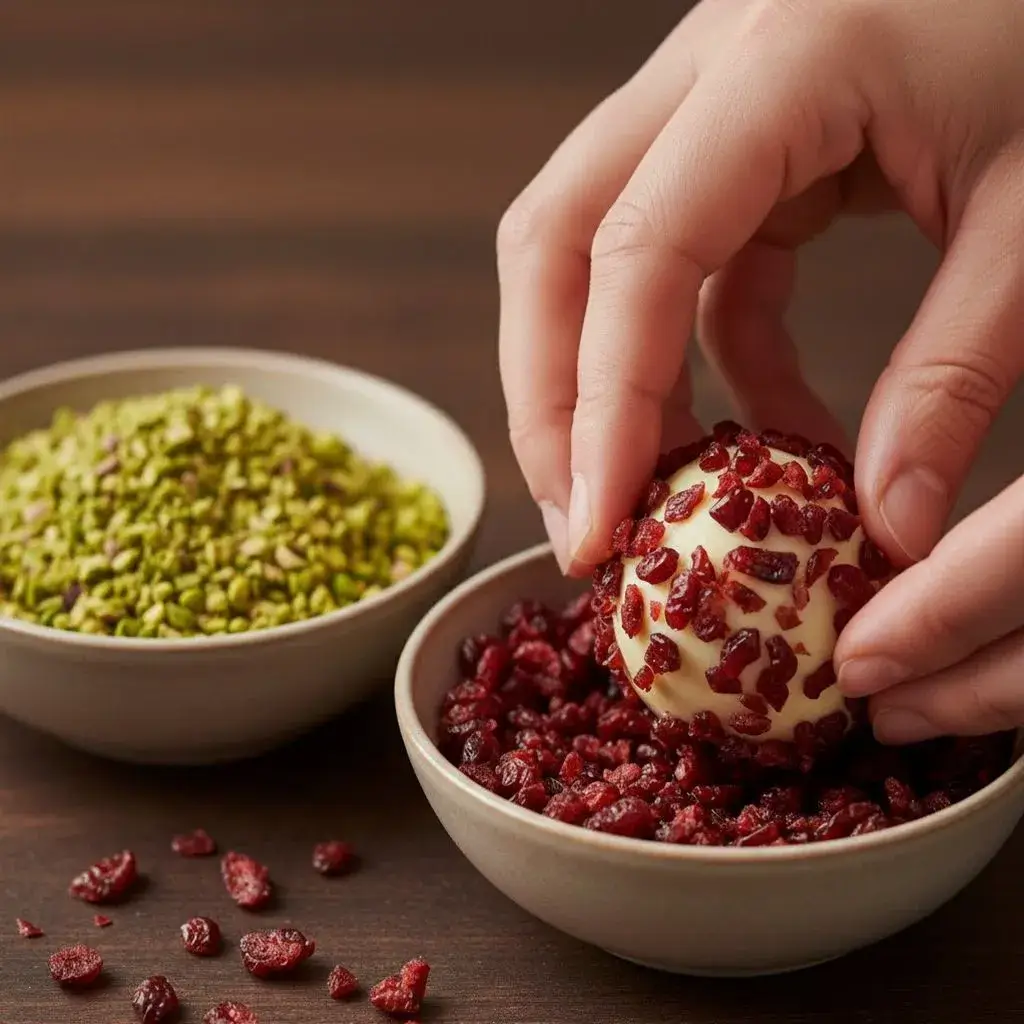 coating truffle in chopped cranberries