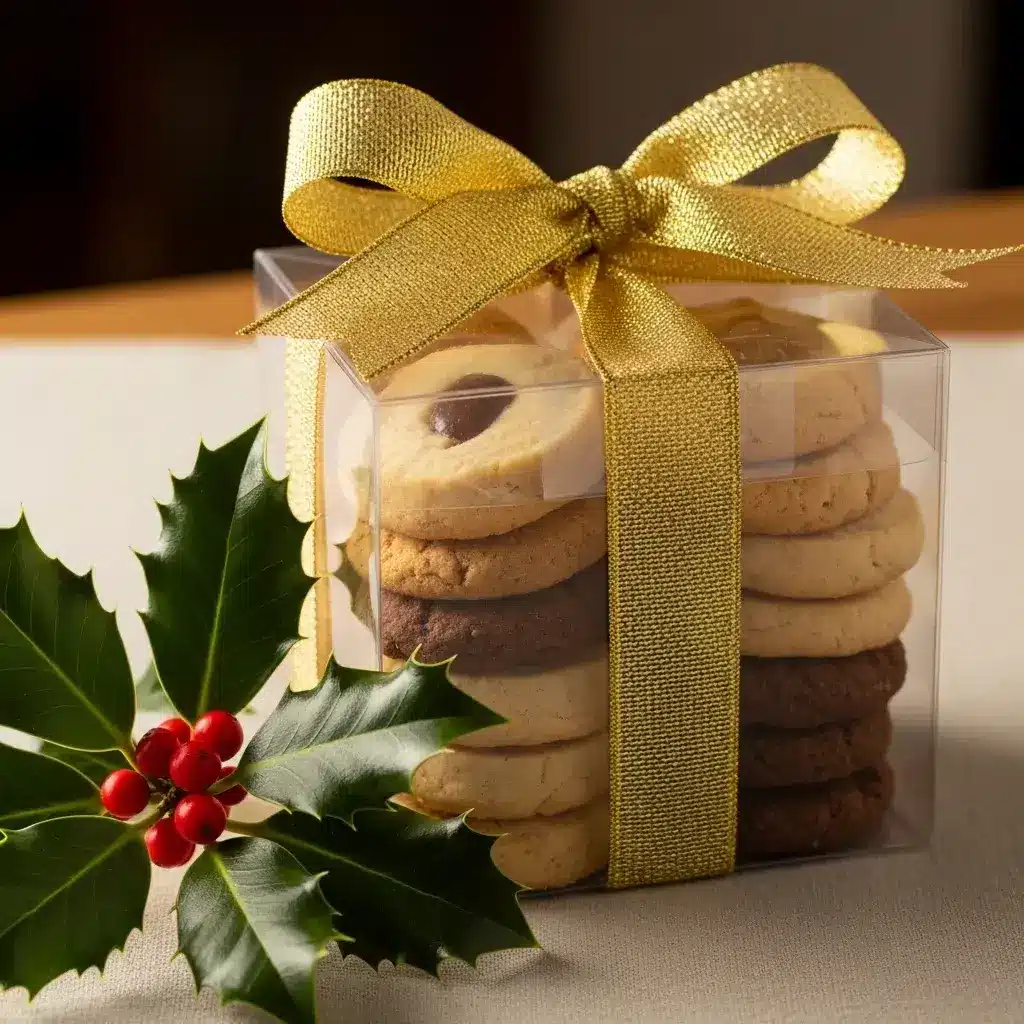 chocolate cherry thumbprint cookies in a holiday gift box