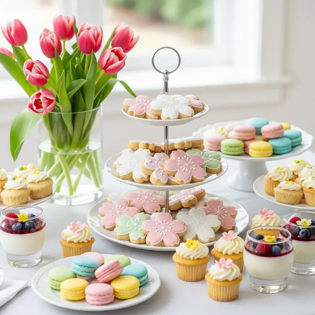 cherry blossom cookies on a spring dessert table