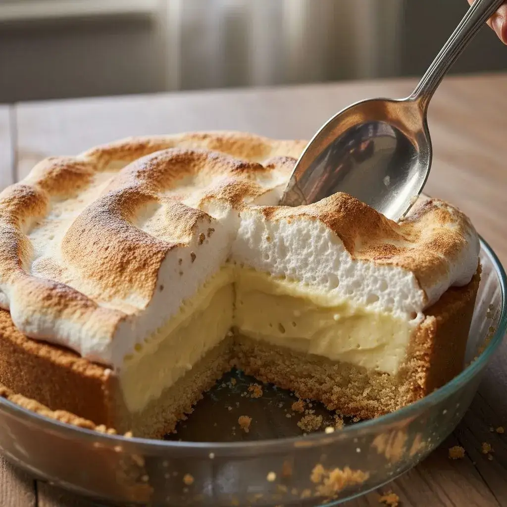 cutting into lemon meringue impossible pie to show layers