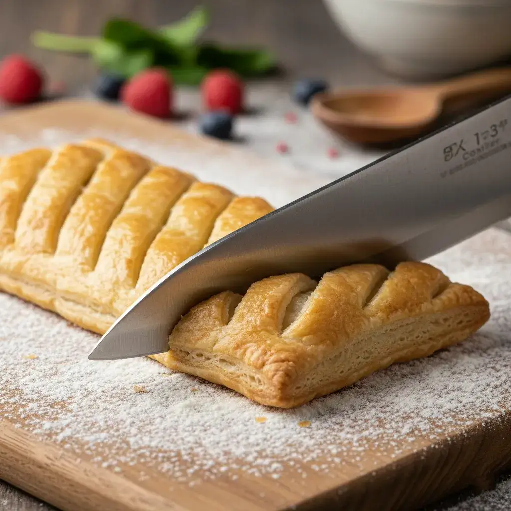 cutting puff pastry for berry strudel braid