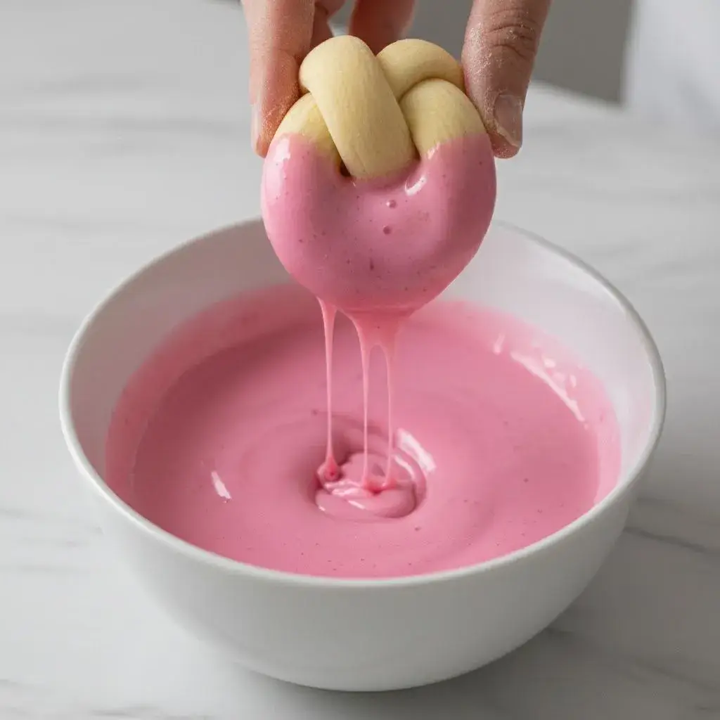 dipping italian cookie in pink glaze