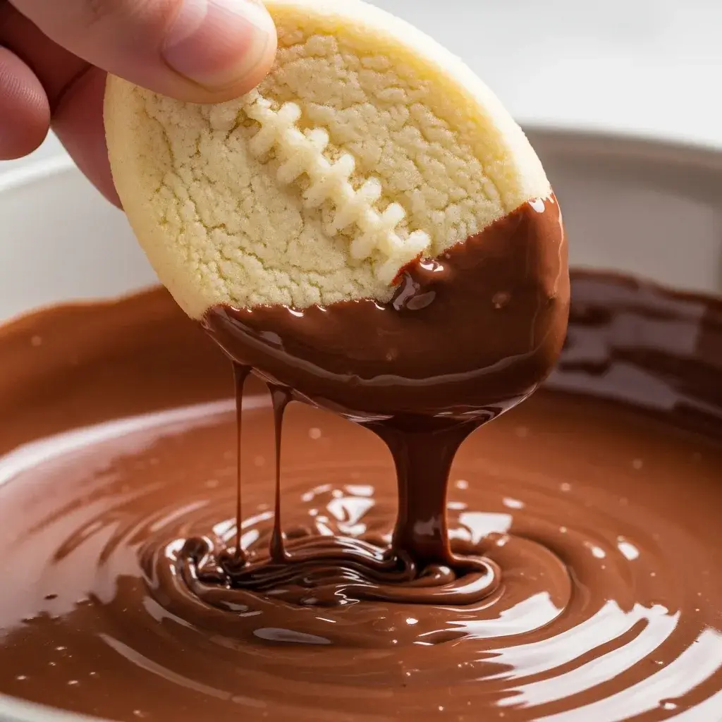 dipping-baked-football-cookie-into-melted-chocolate