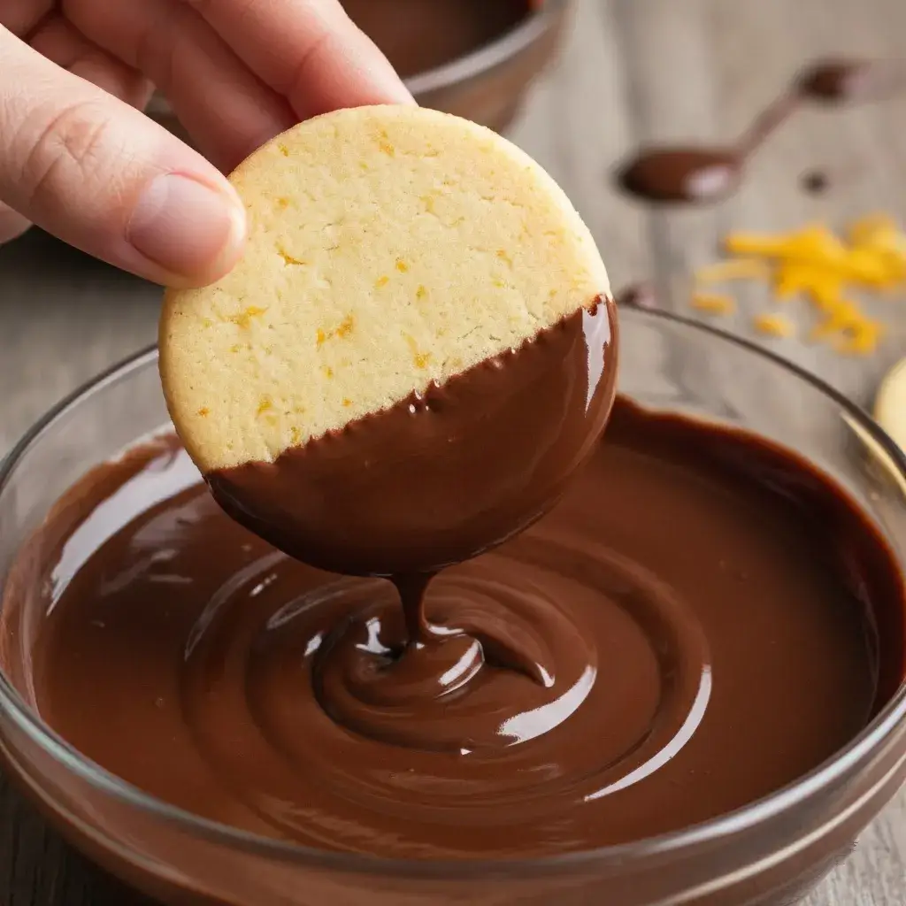 dipping orange shortbread cookie in chocolate