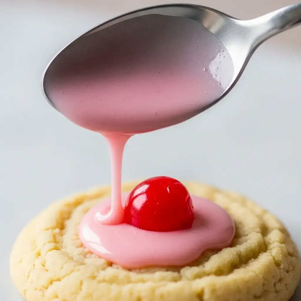 drizzling pink glaze on cherry blossom cookies