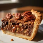 slice of easy chocolate pecan pie with ice cream