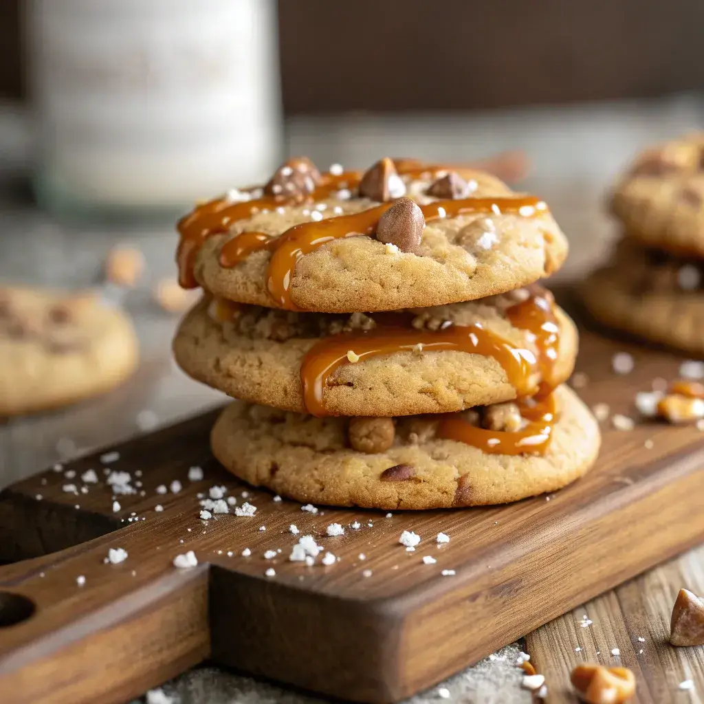 Stack of warm Easy Salted Caramel Crunch Cookies.