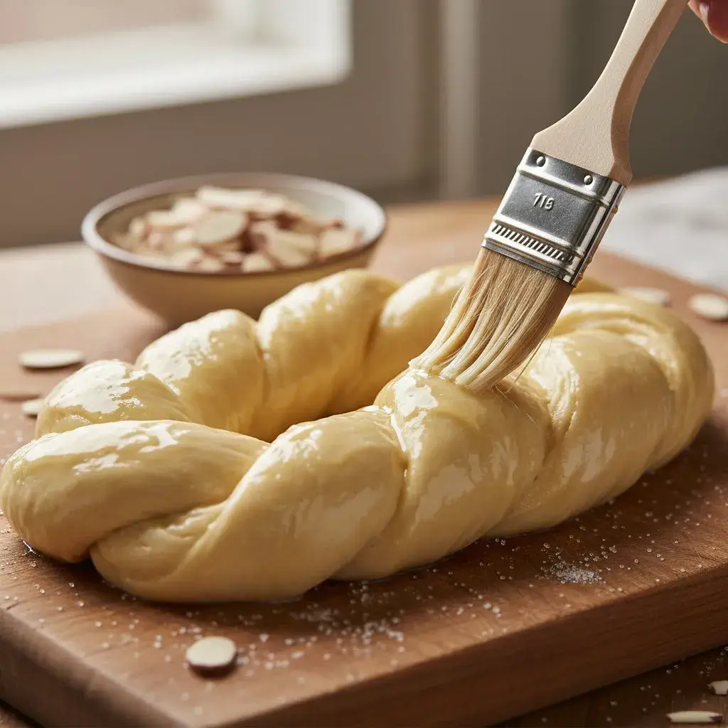 brushing egg wash on almond kringle