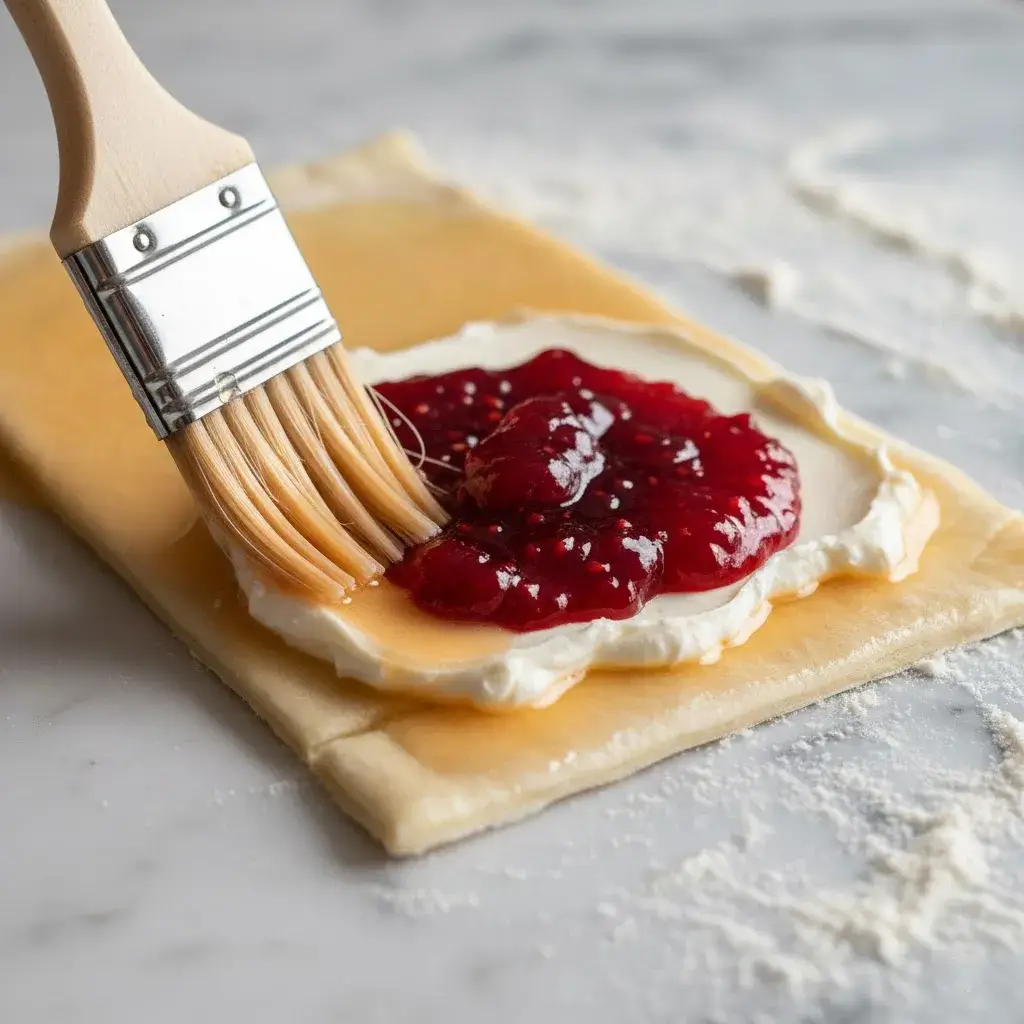 brushing egg wash on raspberry danish