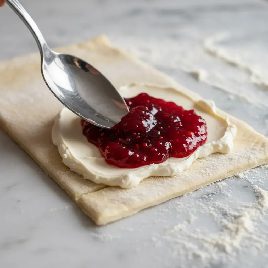 filling puff pastry with cream cheese and raspberry jam