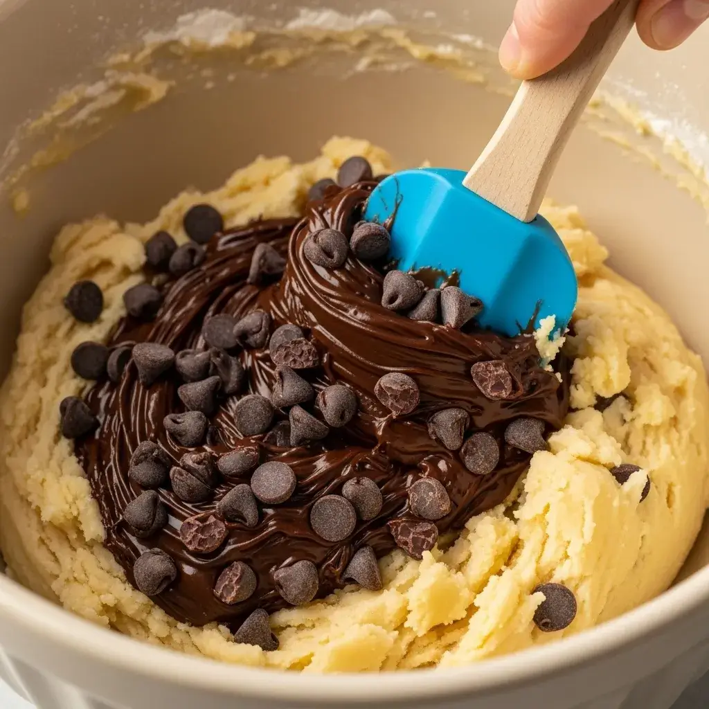 folding chocolate chips into shortbread cookie dough