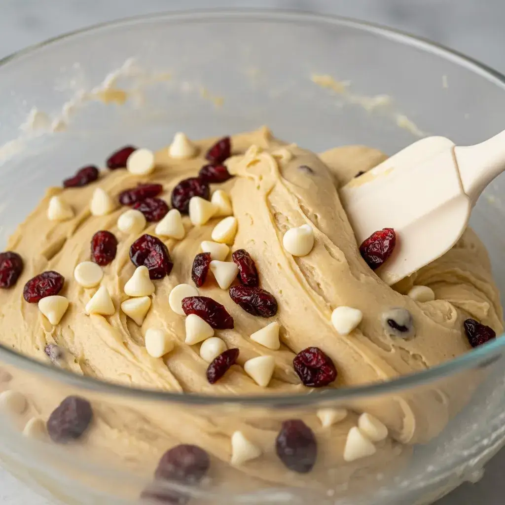 folding cranberries and white chocolate into cookie dough