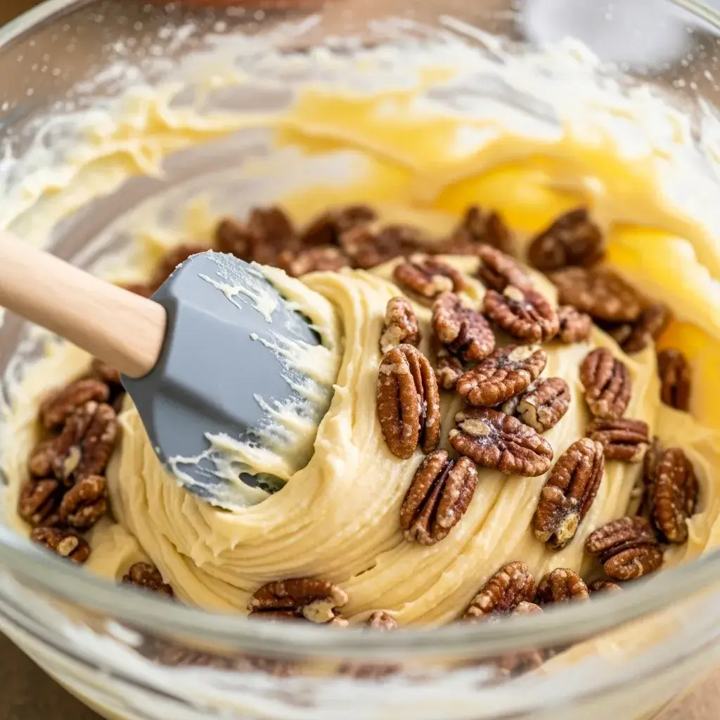 folding butter pecans into pound cake batter