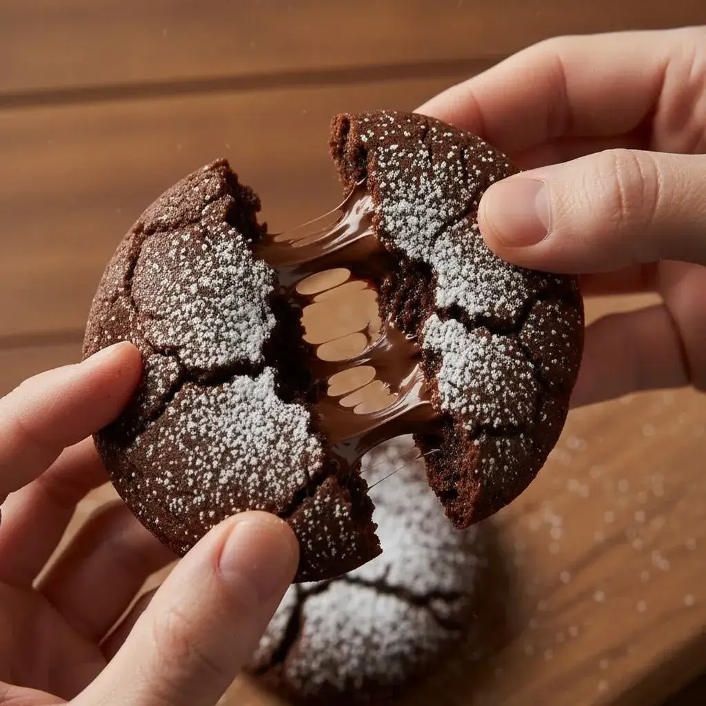 pulling apart a fudgy hot cocoa cookie