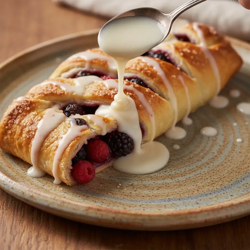 drizzling vanilla glaze on berry strudel