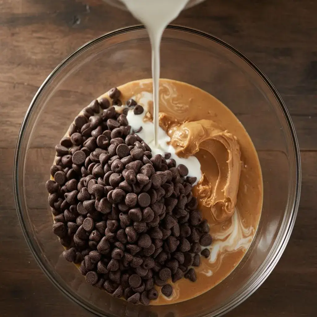 making-peanut-butter-ganache-combining-hot-cream-chocolate-peanut-butter (1)