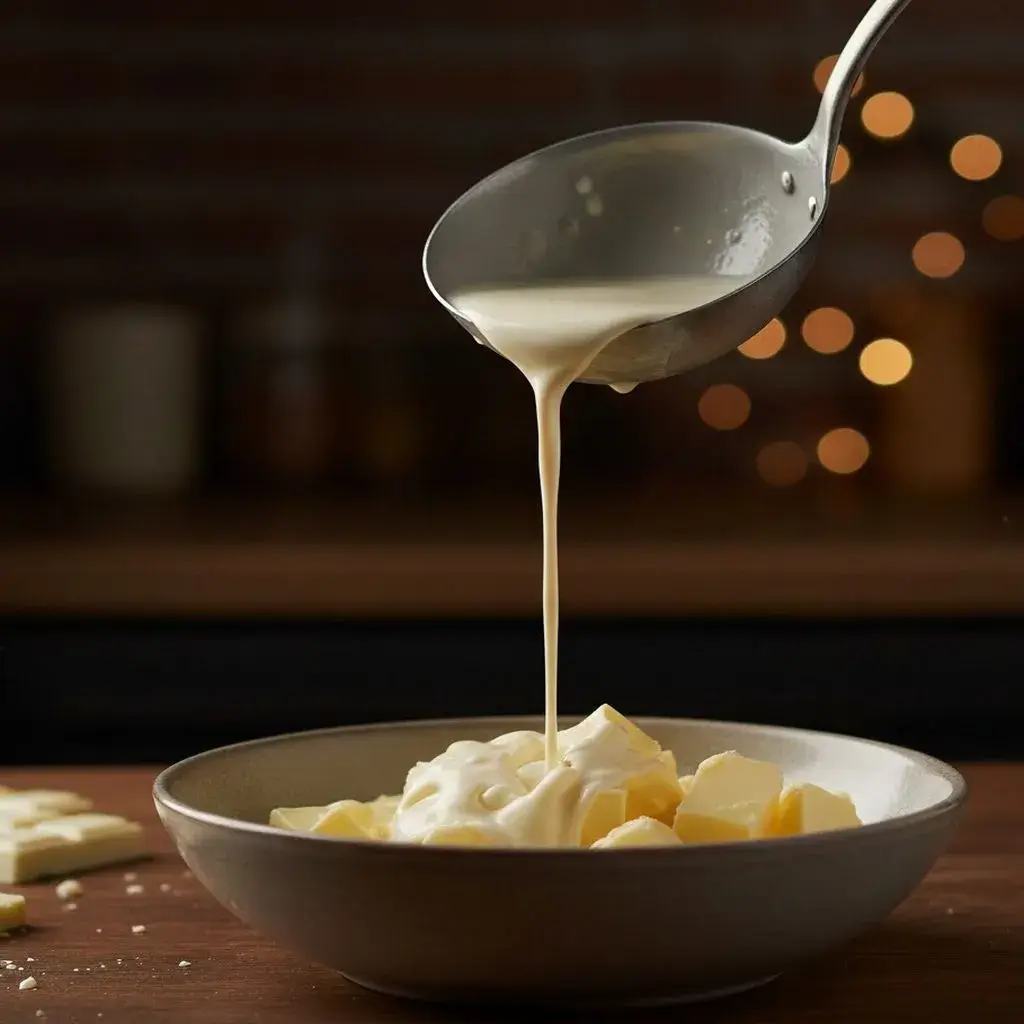 pouring hot cream over chocolate to make truffle ganache