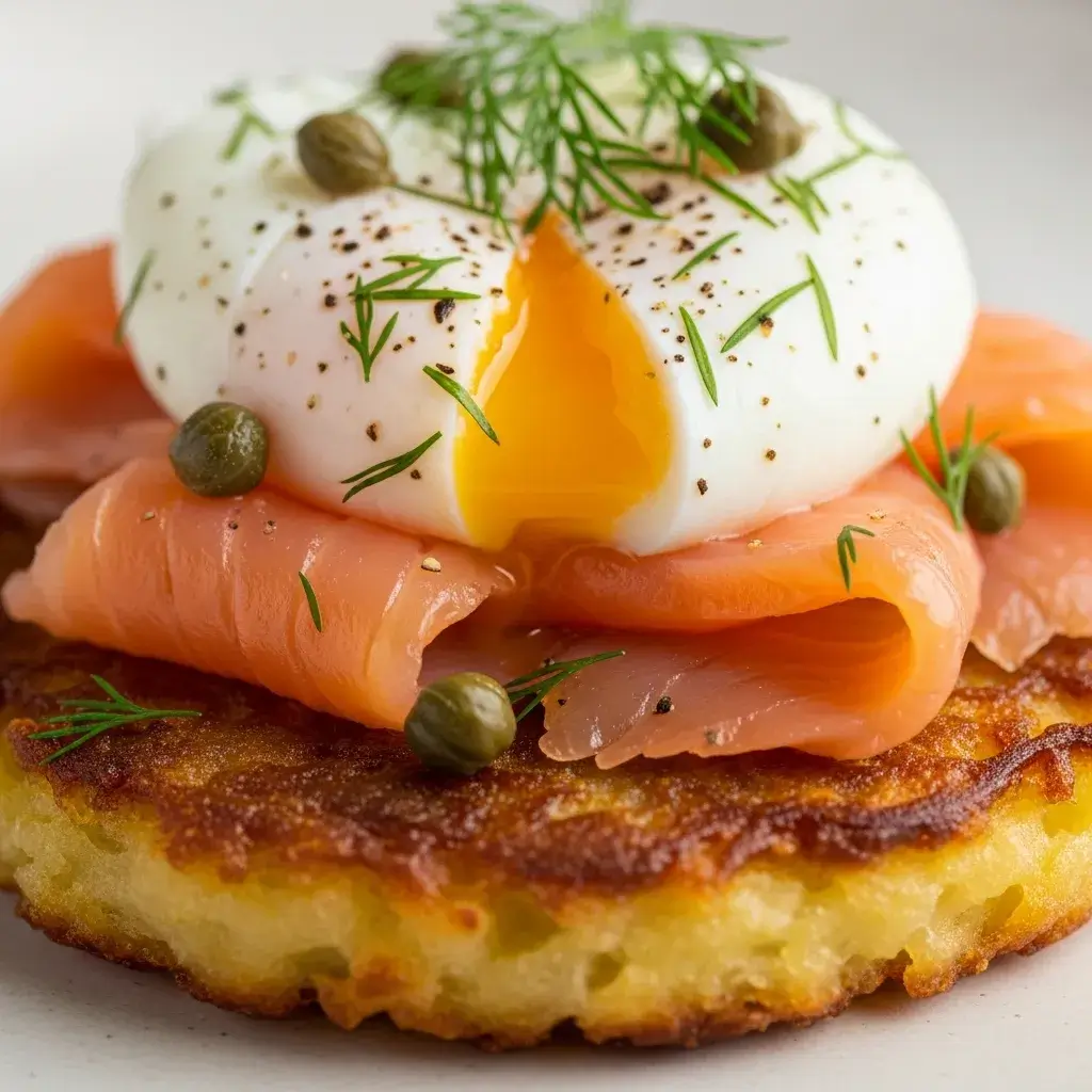 mashed potato latke topped with salmon and egg