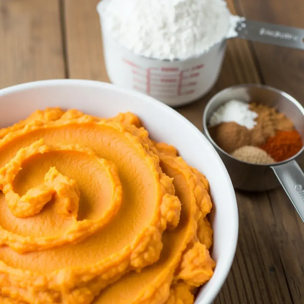 mashed sweet potato and dry ingredients for pancake batter