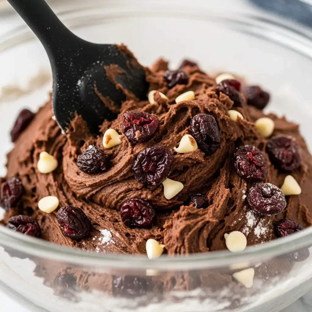mixing cherries into black forest cookie dough