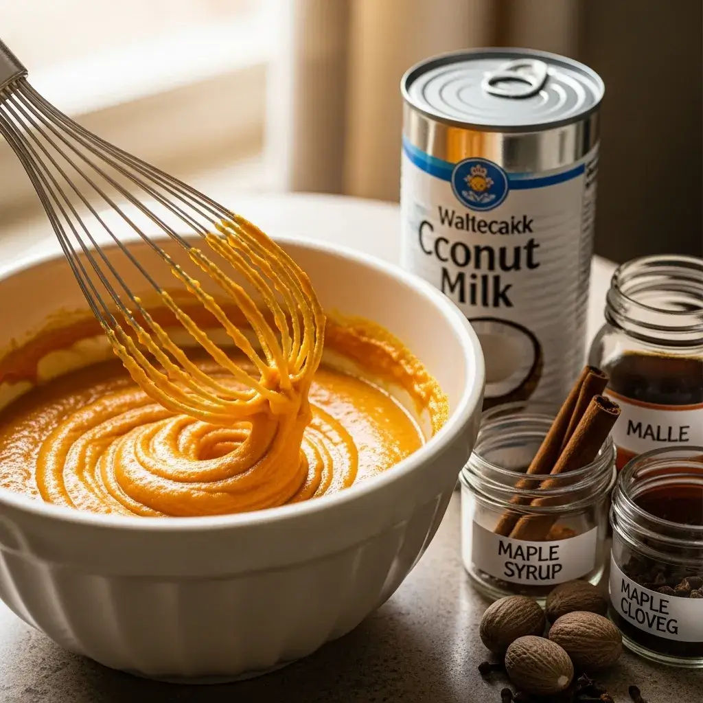 mixing vegan pumpkin pie filling ingredients