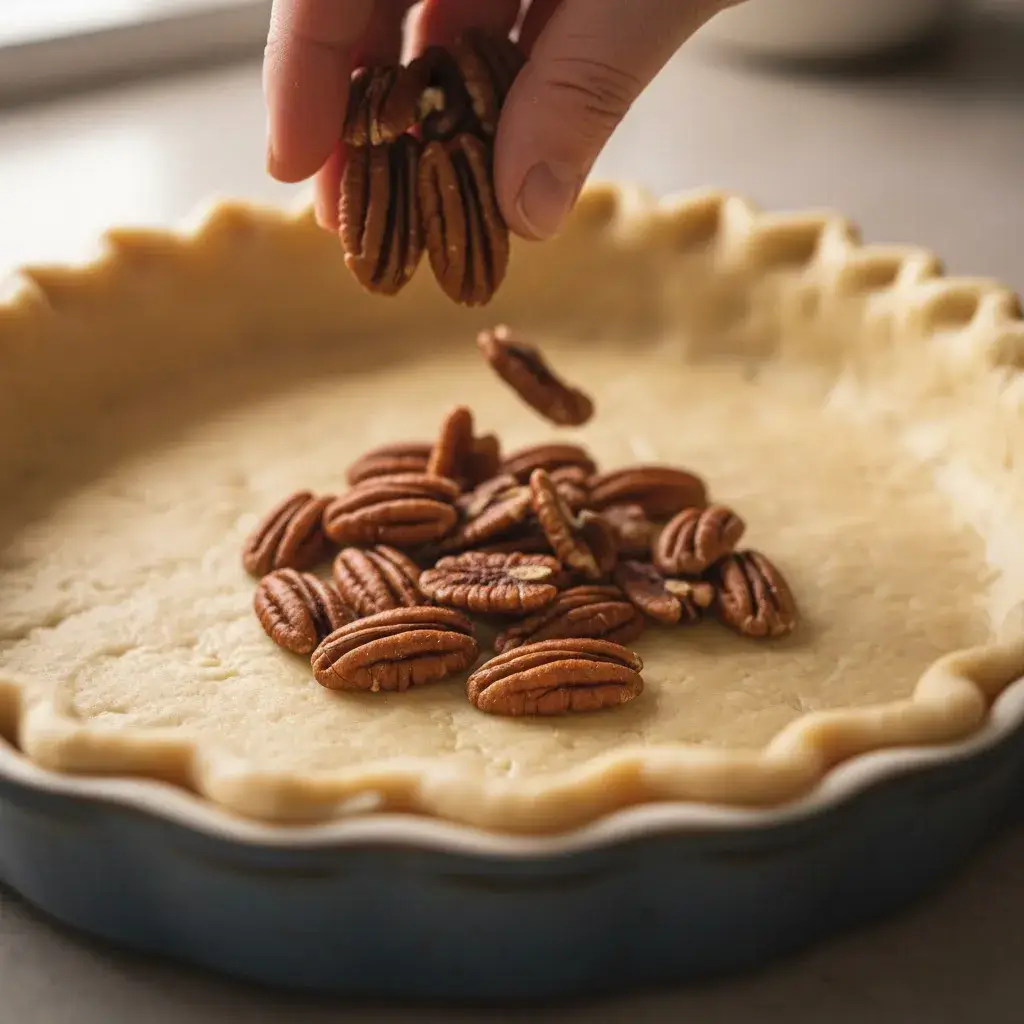 placing pecans in pie crust for easy chocolate pecan pie