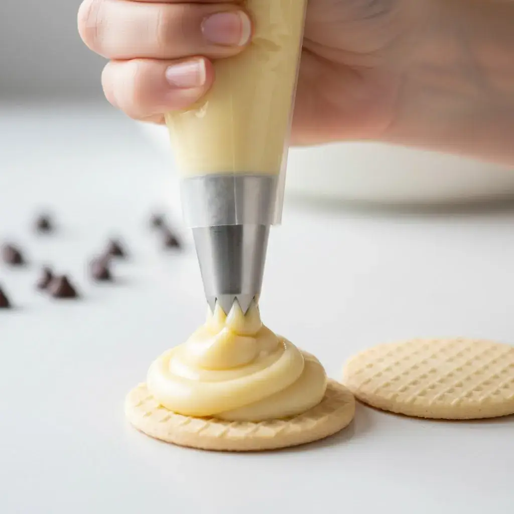 piping-pudding-onto-cookie-for-boston-cream-pie-bites