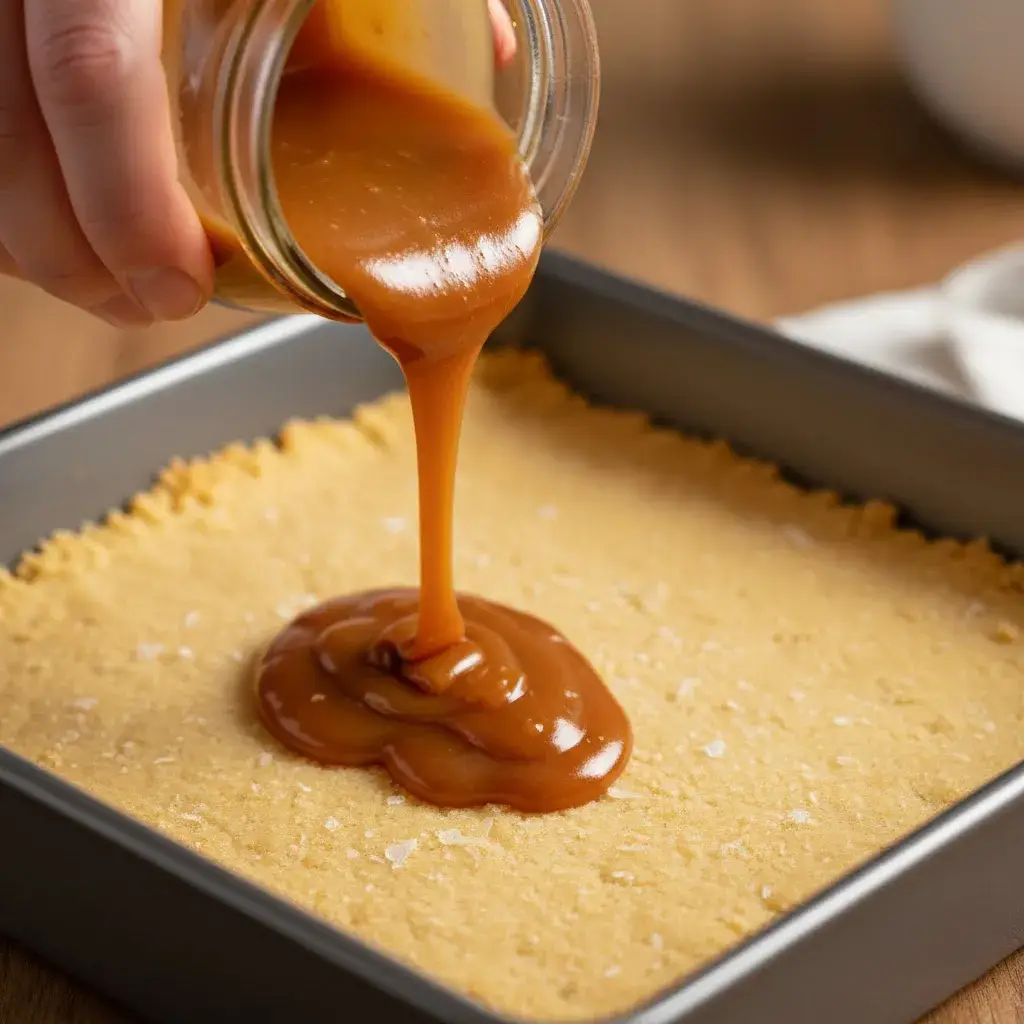 Pouring caramel sauce over crust for butter bars.
