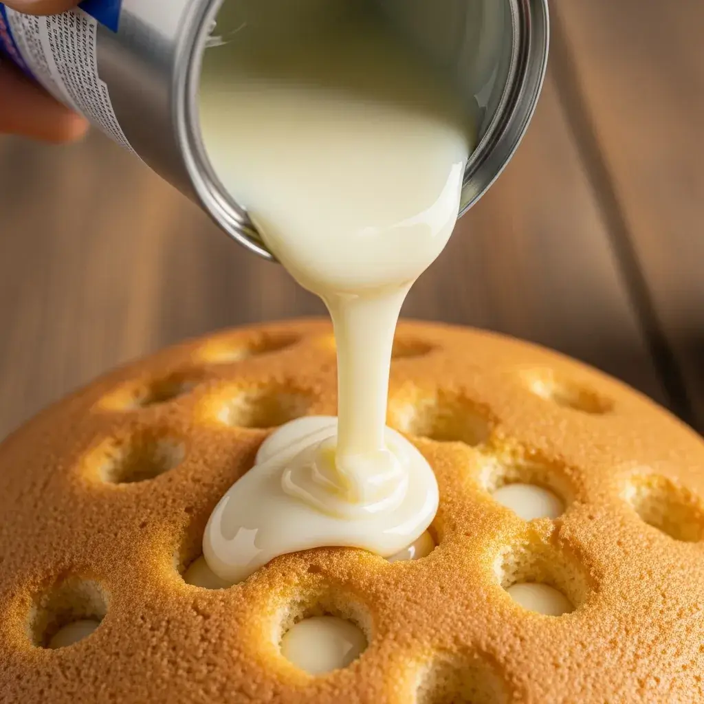 pouring condensed milk over poked cake