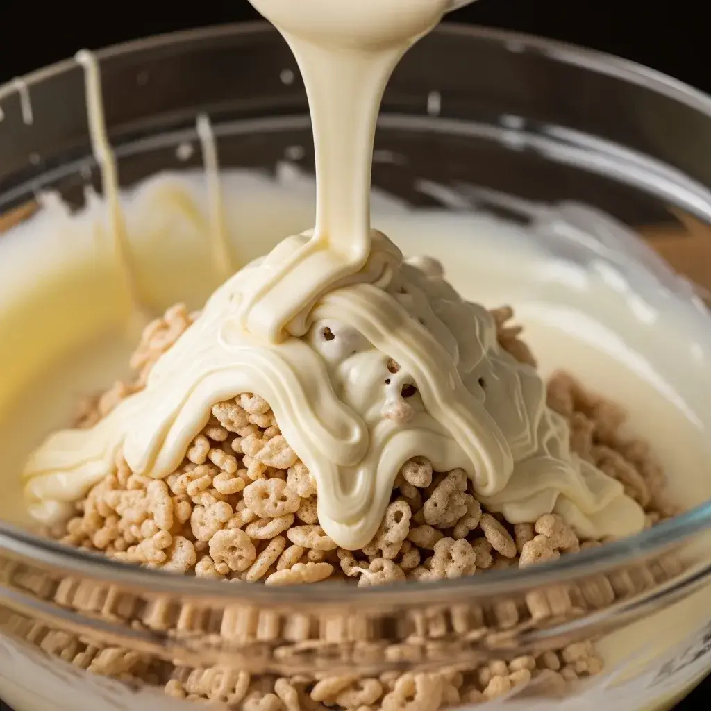 pouring melted white chocolate over rice cereal