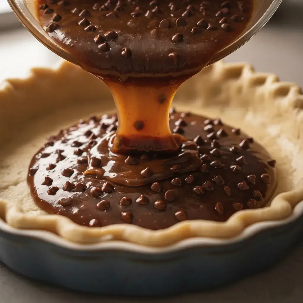 pouring chocolate pecan pie filling into crust
