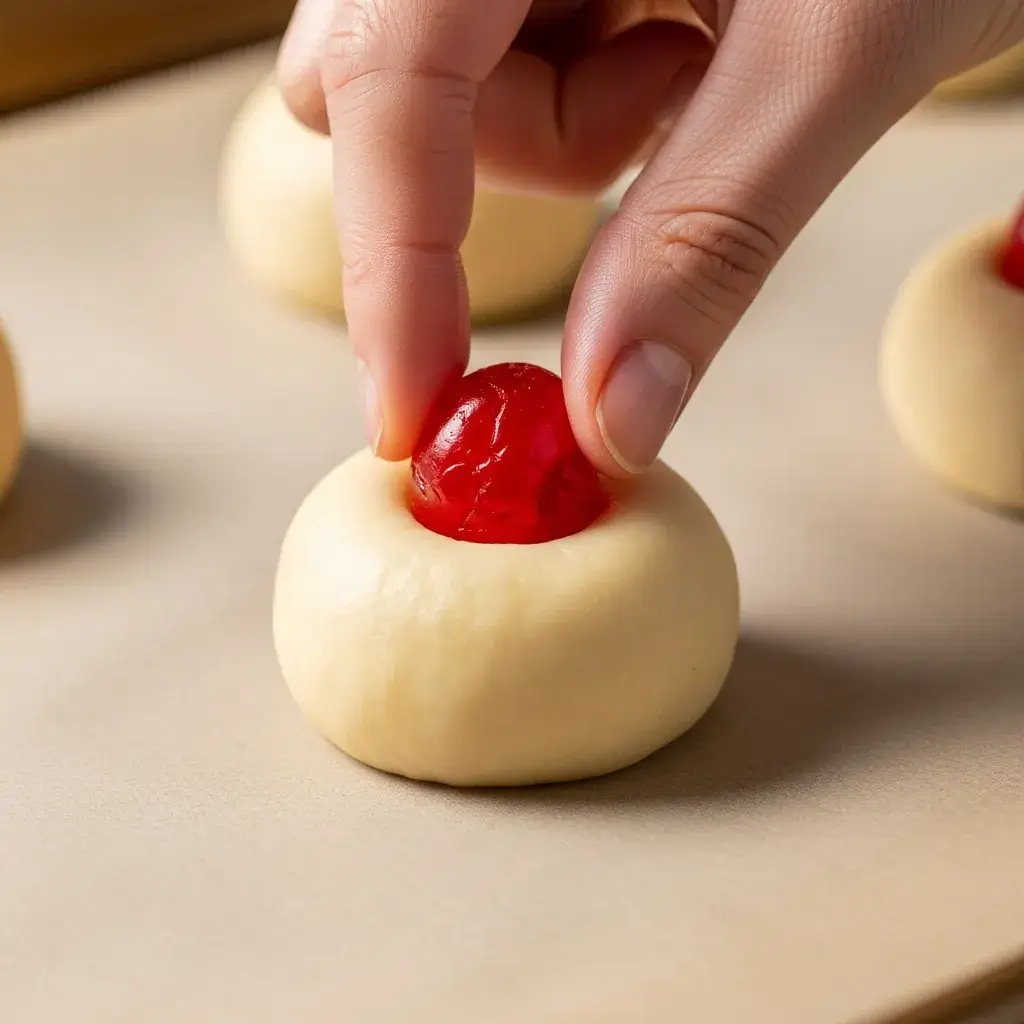 pressing maraschino cherry into cookie dough