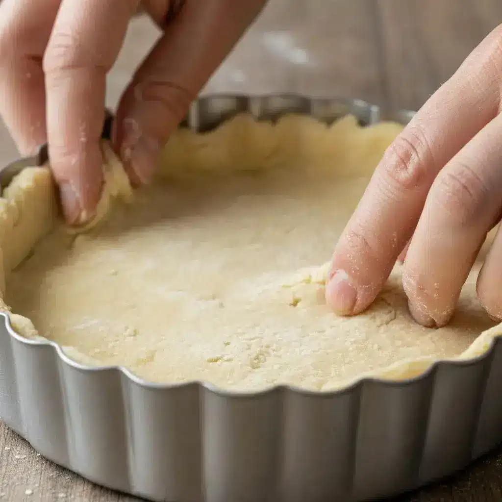 pressing dough into tart pan for apple frangipane tart