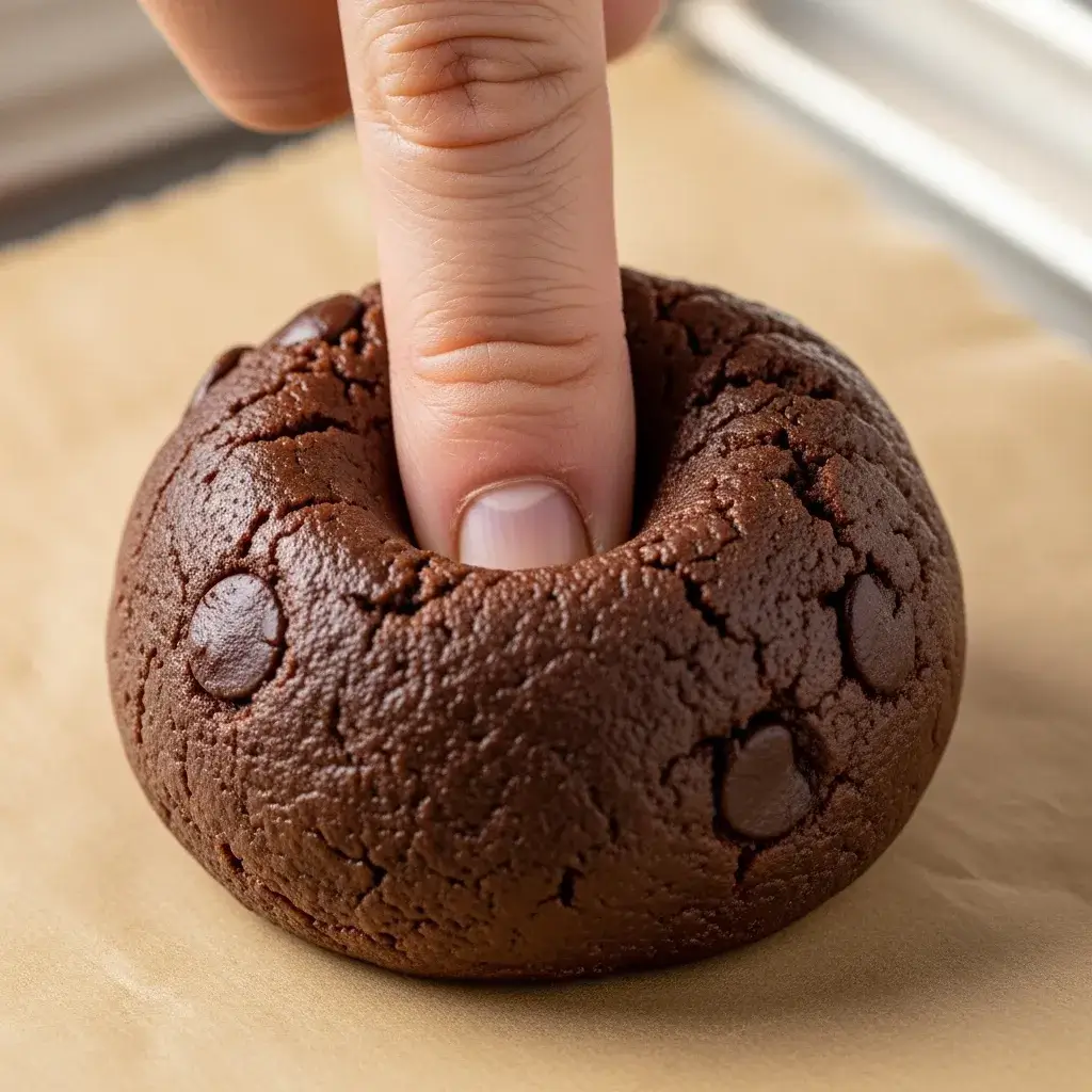 pressing thumbprint into chocolate cookie dough