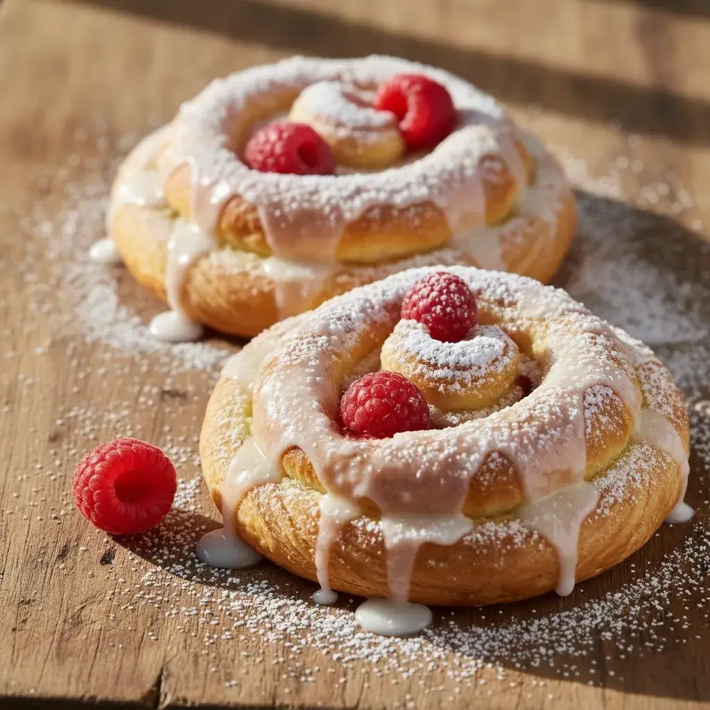 raspberry danish with puff pastry on a wooden board