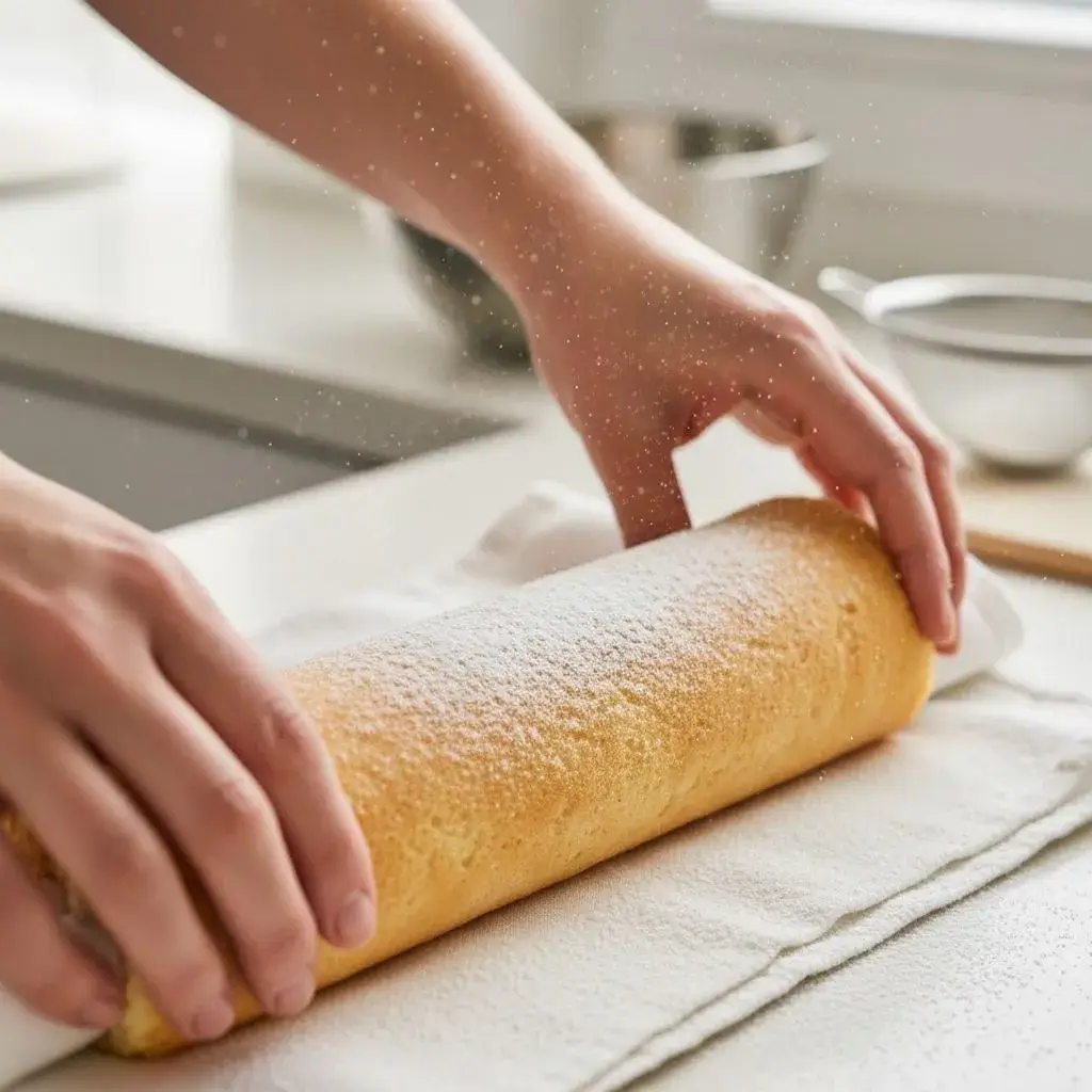 rolling the warm jelly roll cake in a towel