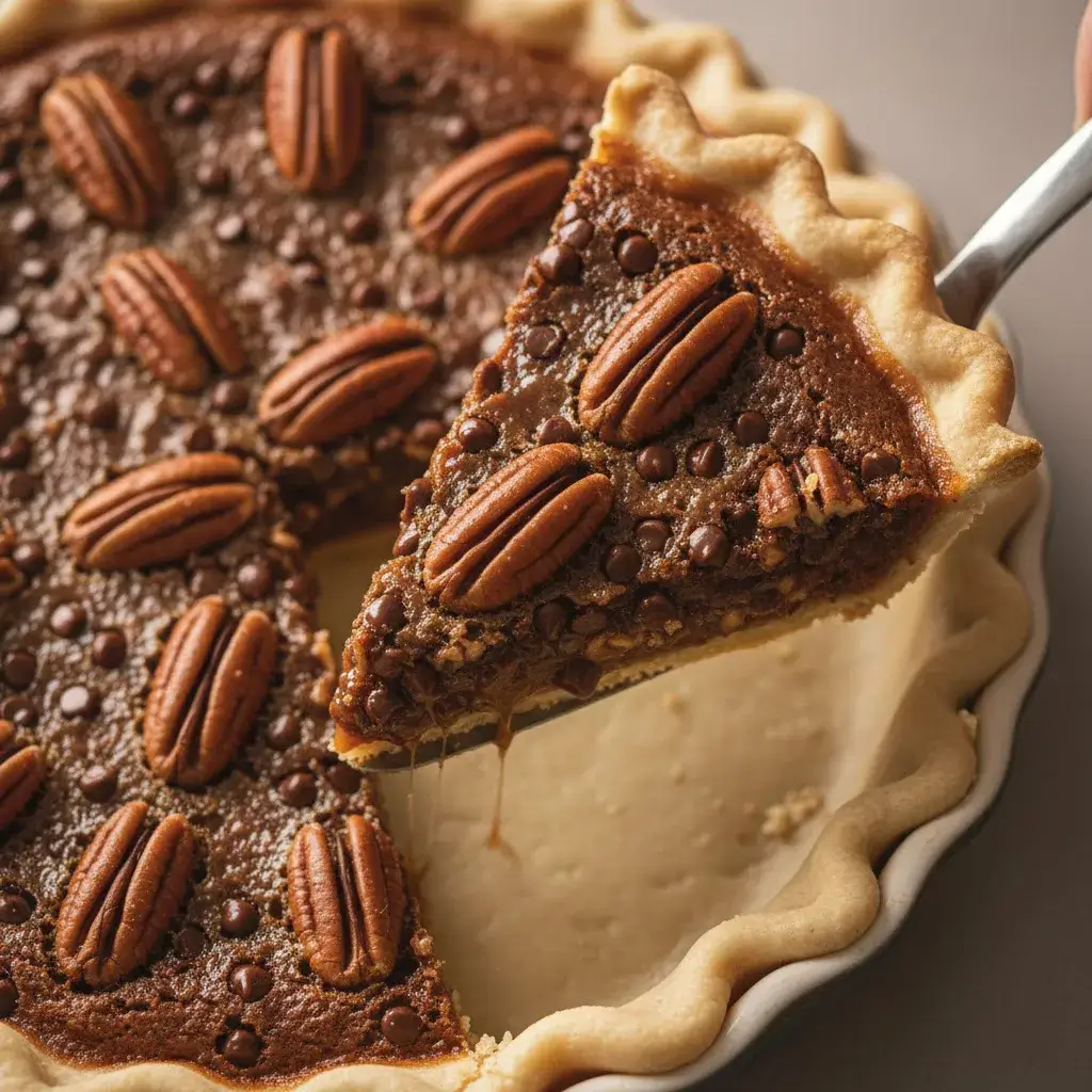 serving a slice of easy chocolate pecan pie