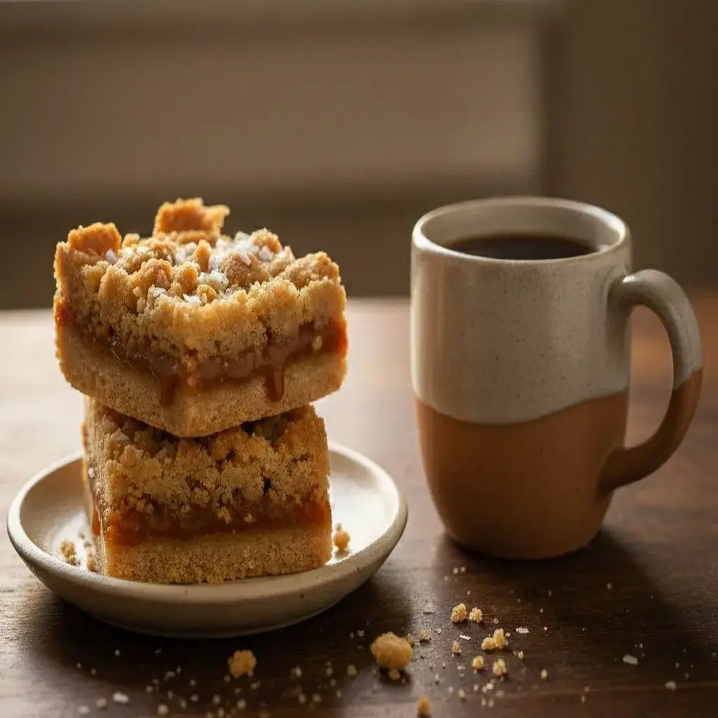 Serving Easy Salted Caramel Butter Bars with coffee.