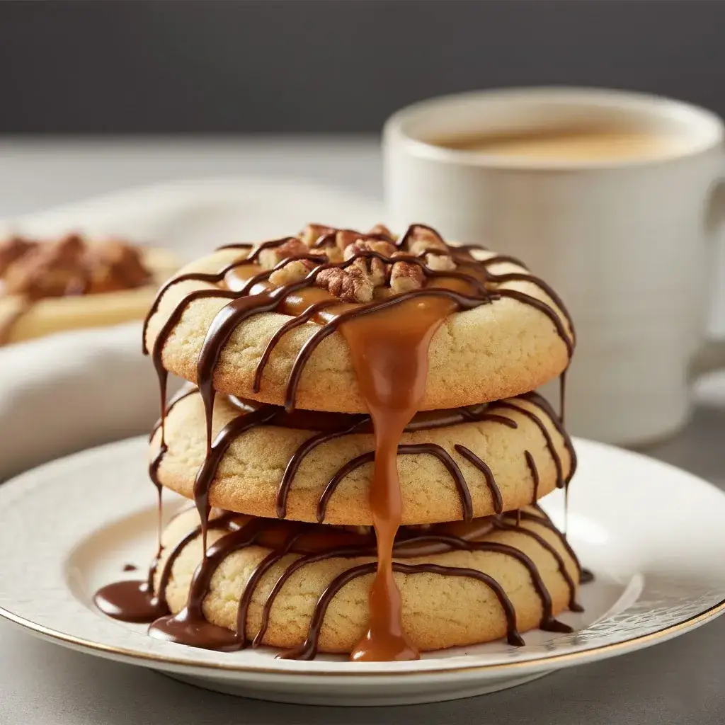 stack of easy turtle thumbprint cookies served with coffee