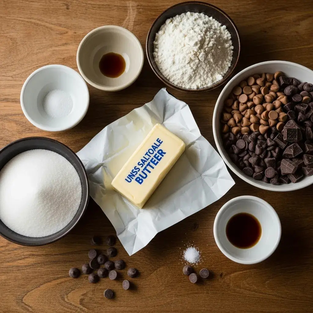 ingredients for chocolate chip shortbread cookies butter sugar chocolate