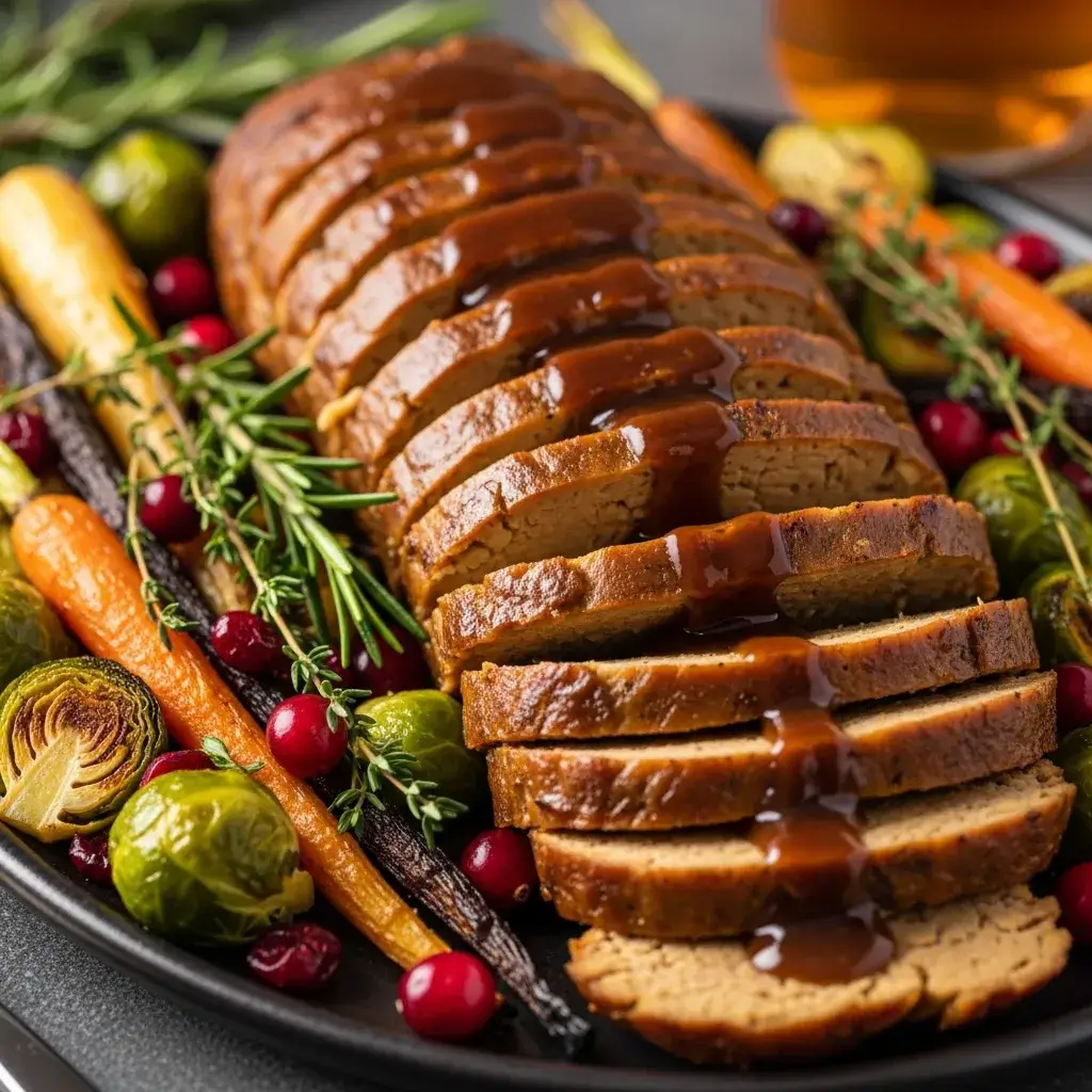 sliced seitan roast dinner with vegetables and gravy