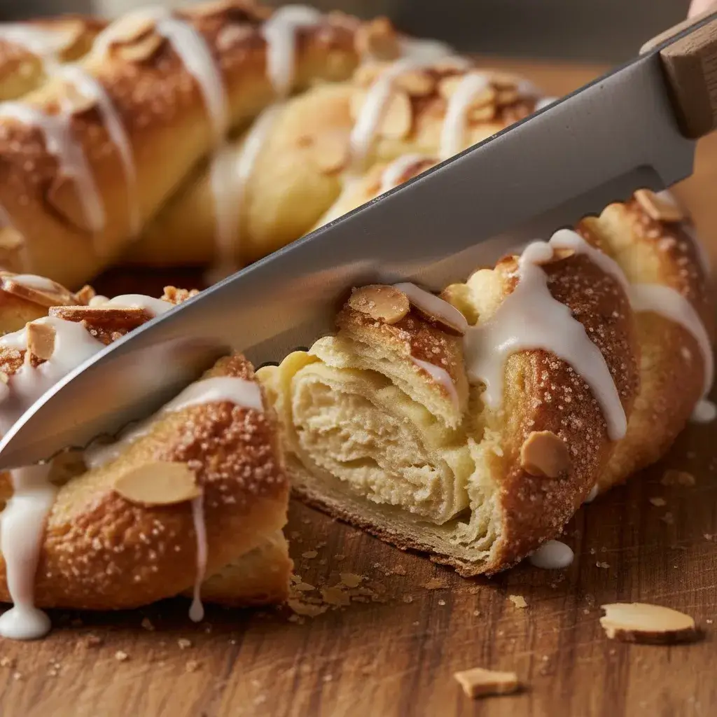 slicing homemade almond kringle to show layers