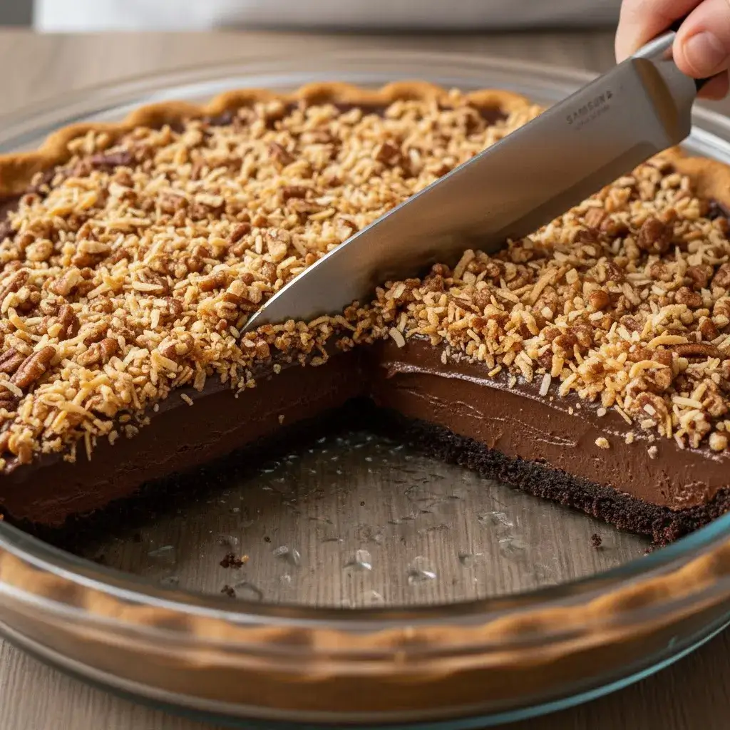 slicing chilled no-bake german chocolate pie